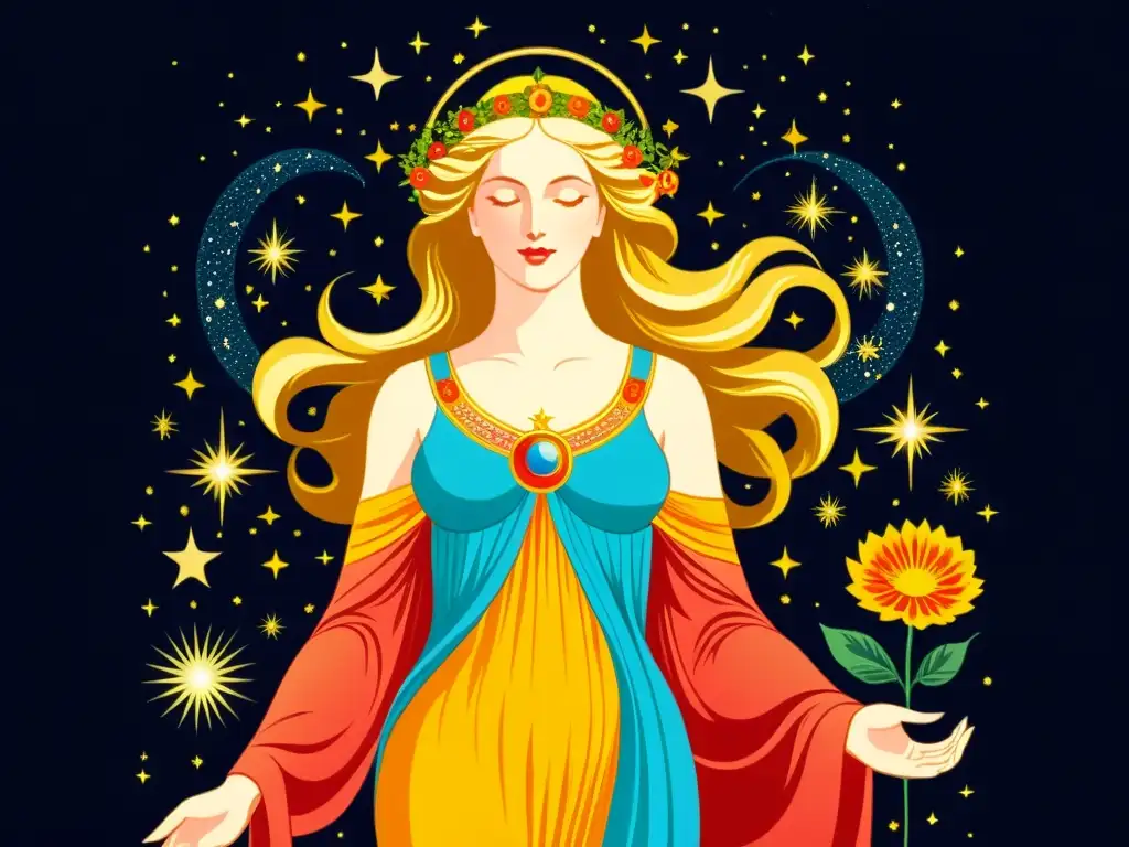 Una ilustración vintage detallada de la diosa Venus, rodeada de estrellas y planetas, sosteniendo una estrella radiante y un ramo de flores vibrantes, evocando gracia y belleza