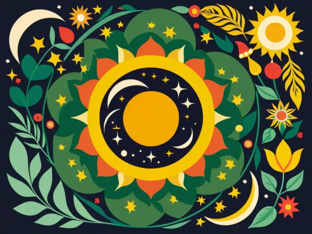 Una ilustración vintage detallada de un eclipse solar con motivos culturales indígenas, simbolizando la cosmovisión ancestral y el significado de los eclipses solares