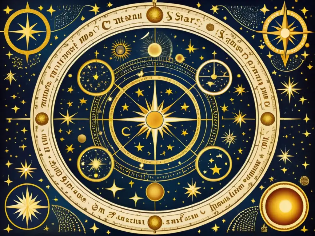 Detallada cartografía estelar en manuscritos antiguos, con constelaciones, estrellas y motivos celestiales en tonos cálidos y detalles dorados