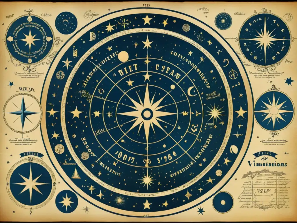 Detallada cartografía estelar vintage con constelaciones, símbolos celestiales y estrellas