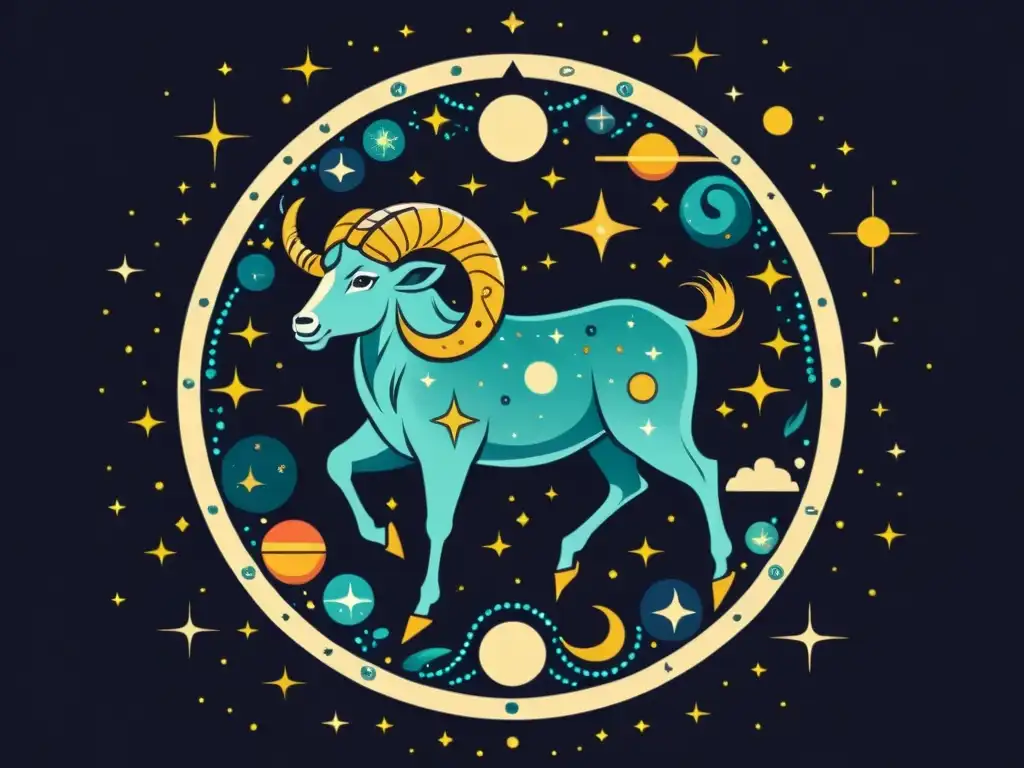 Ilustración detallada de la constelación Aries, destacando la estrella Hamal rodeada de símbolos y mitología