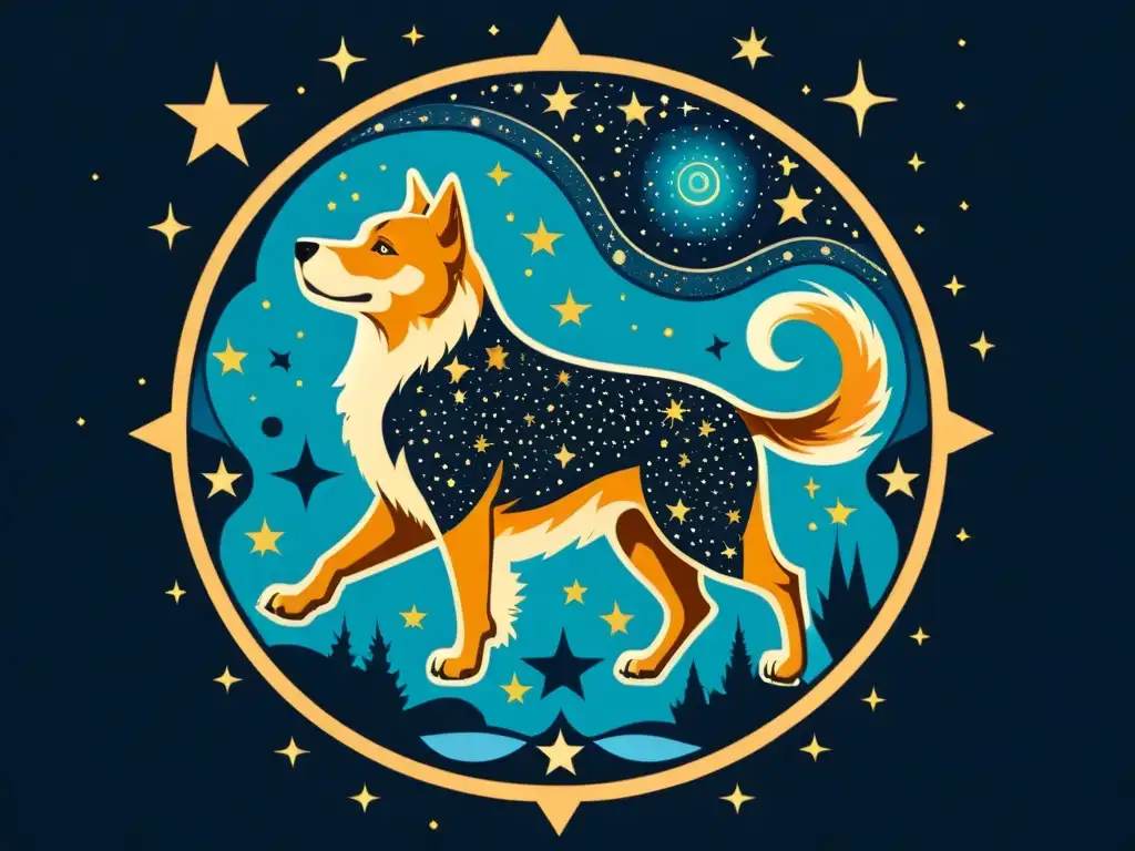 Una ilustración vintage detallada de la constelación Canis Major, destacando la estrella Mirzam