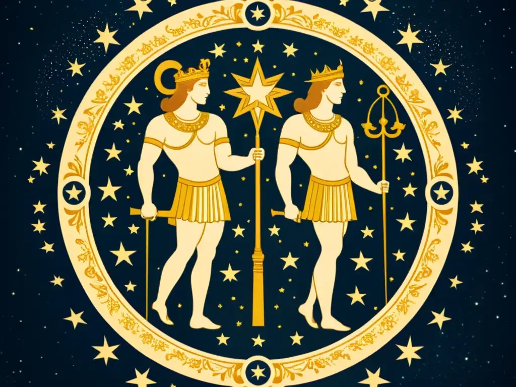 Detallada ilustración vintage de la constelación Géminis, con los gemelos Cástor y Pólux, rodeados de estrellas y elementos celestiales