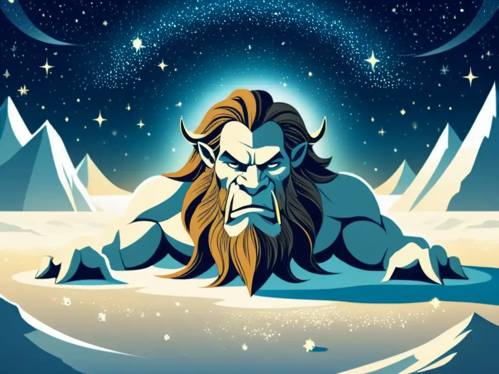 Ilustración vintage detallada de Ymir, el gigante primordial de la mitología nórdica, generando estrellas en un paisaje helado