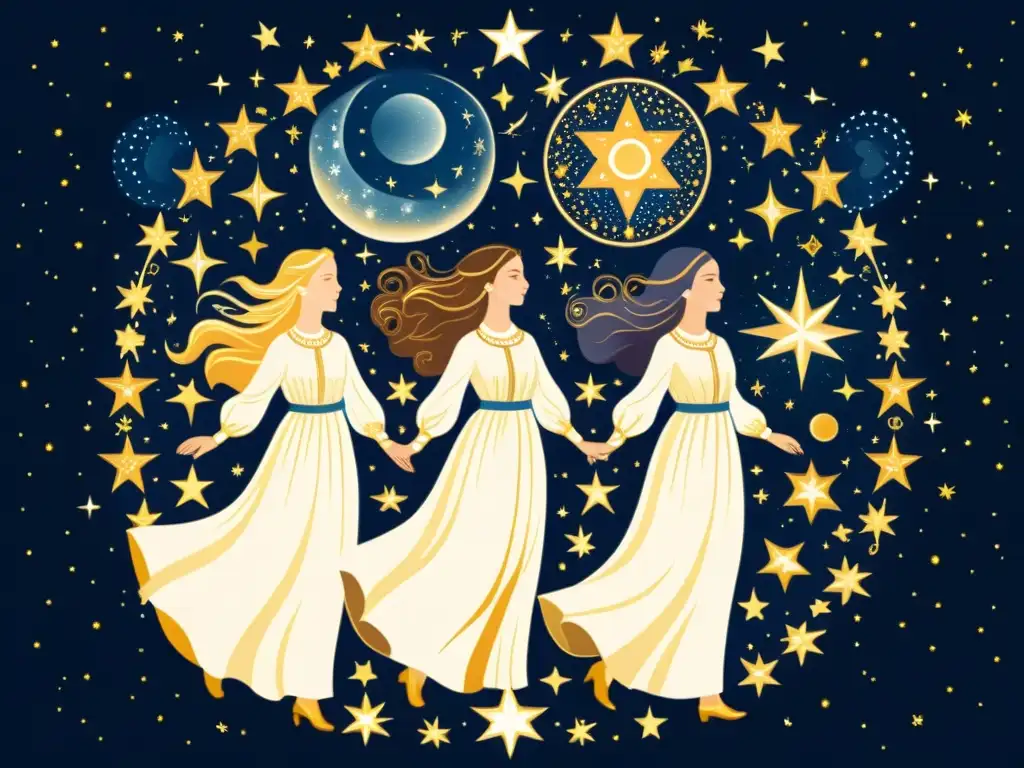 Representación detallada de las siete hermanas de la constelación de las Pléyades como figuras etéreas en un cielo estrellado cálido