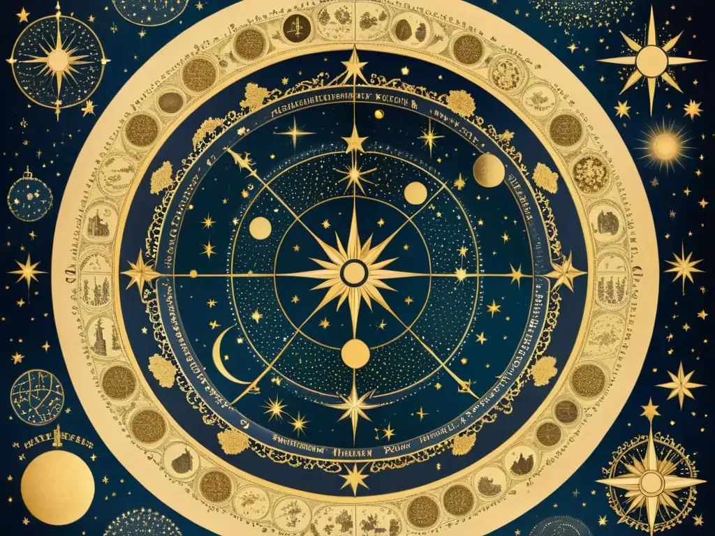 Una detallada imagen de un antiguo mapa celestial con constelaciones y estrellas, sobre pergamino desgastado