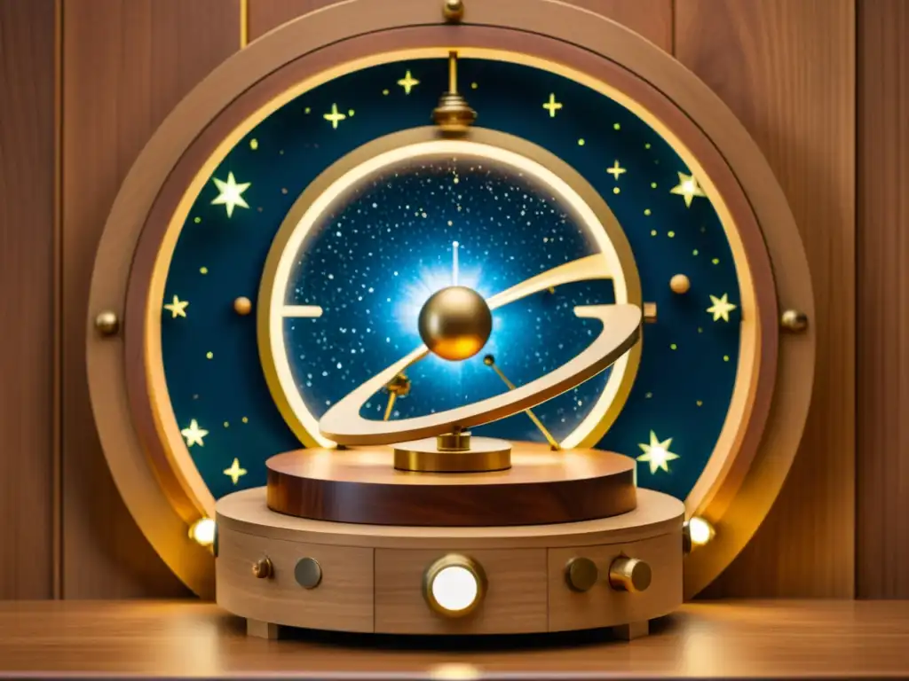 Planetario casero vintage: detallado y evocador Detallada imagen 8k de un planetario casero vintage iluminado por cálida luz ambiental, con engranajes, lentes y estrellas proyectadas