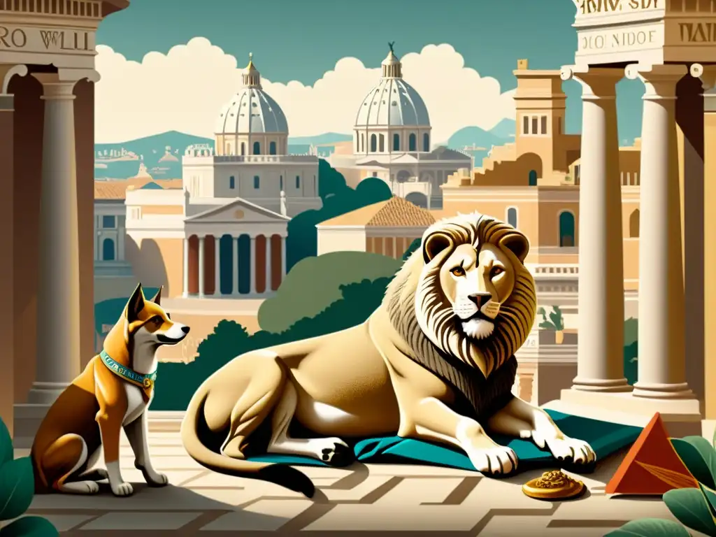 Detallada ilustración vintage de la fundación legendaria de Roma por Rómulo y Remo, con la icónica loba amamantando a los hermanos gemelos en el fondo