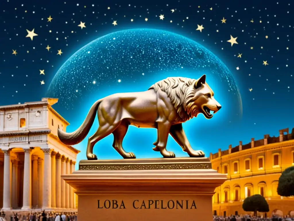 Detallada ilustración vintage de la Loba Capitolina en la Roma antigua bajo un cielo estrellado, evocando su mitología