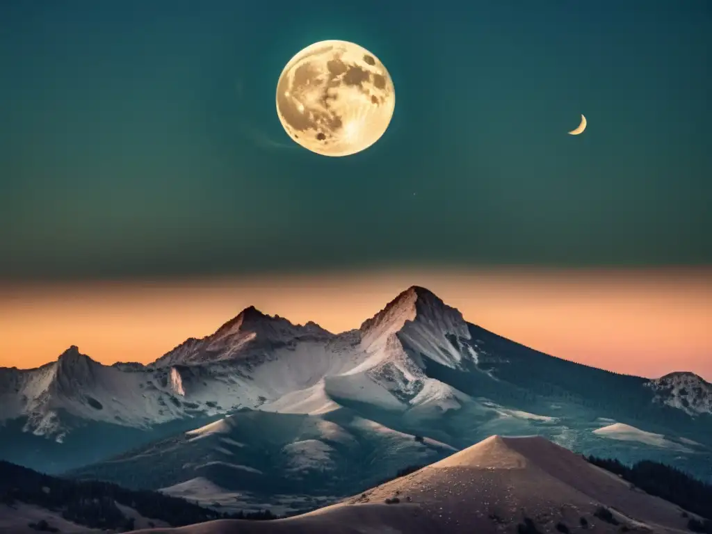 Fotografía detallada de la luna llena sobre montañas siluetadas, evocando nostalgia y belleza atemporal