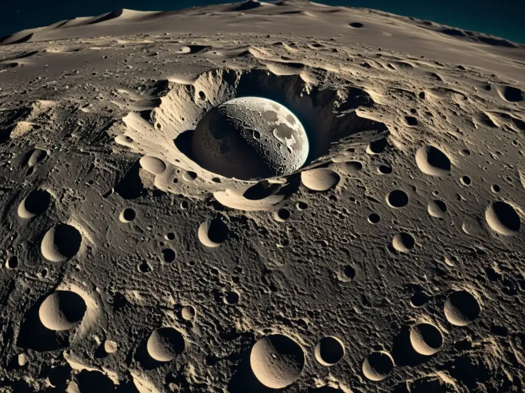 Fotografía detallada de la Luna: superficie lunar en alta resolución, con cráteres y colinas bajo suave luz, evocando nostalgia y asombro