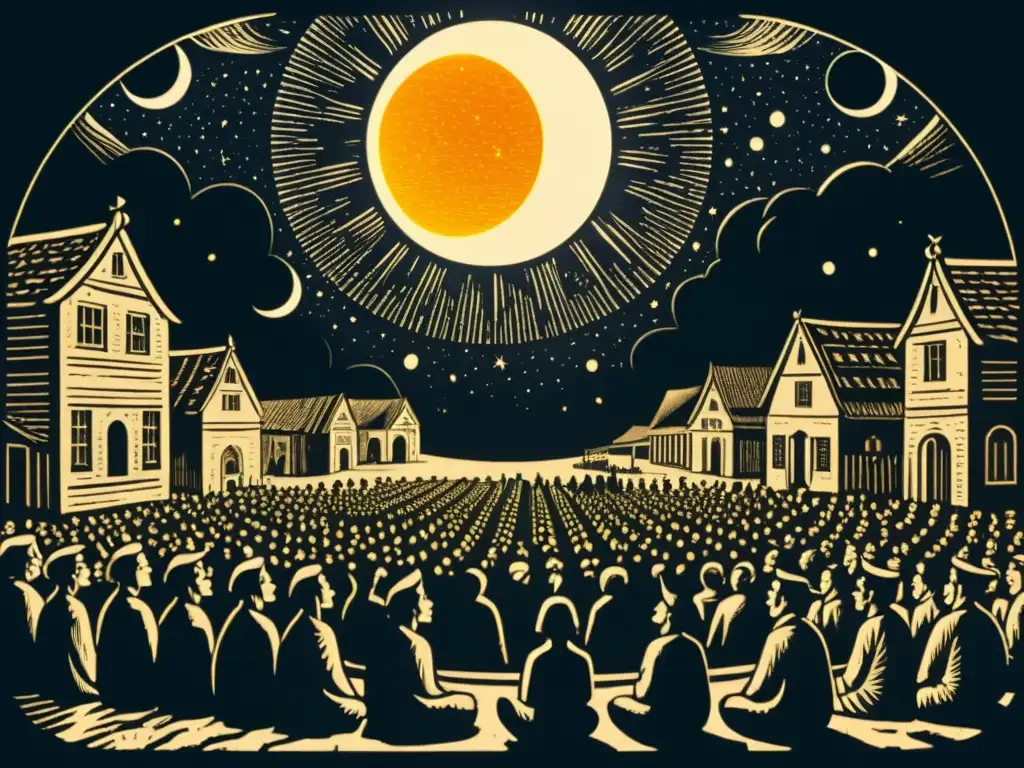 Detallada ilustración de madera de un eclipse solar en una aldea antigua, reflejando supersticiones eclipses festivales celebraciones