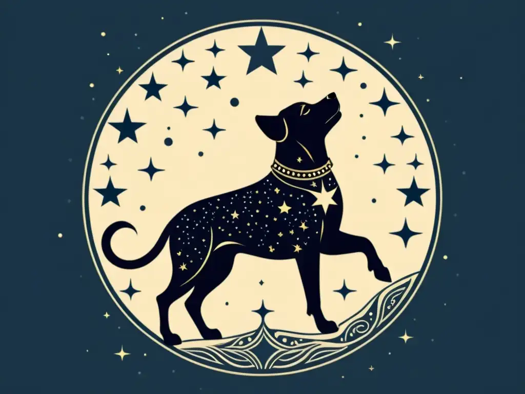 Una ilustración vintage detallada de la constelación Canis Major, con Mirzam brillando en el cielo nocturno