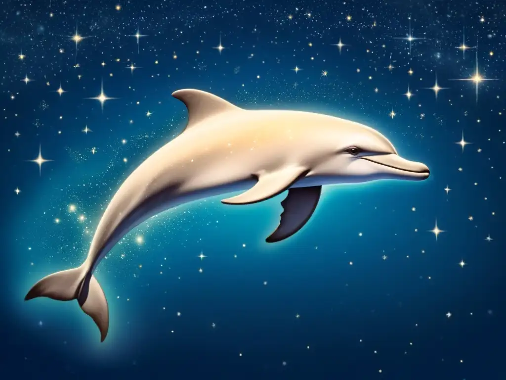 Una detallada ilustración vintage en 8k de la constelación Delphinus, capturando su mítico y etéreo significado mientras evoca la fascinación por el cosmos