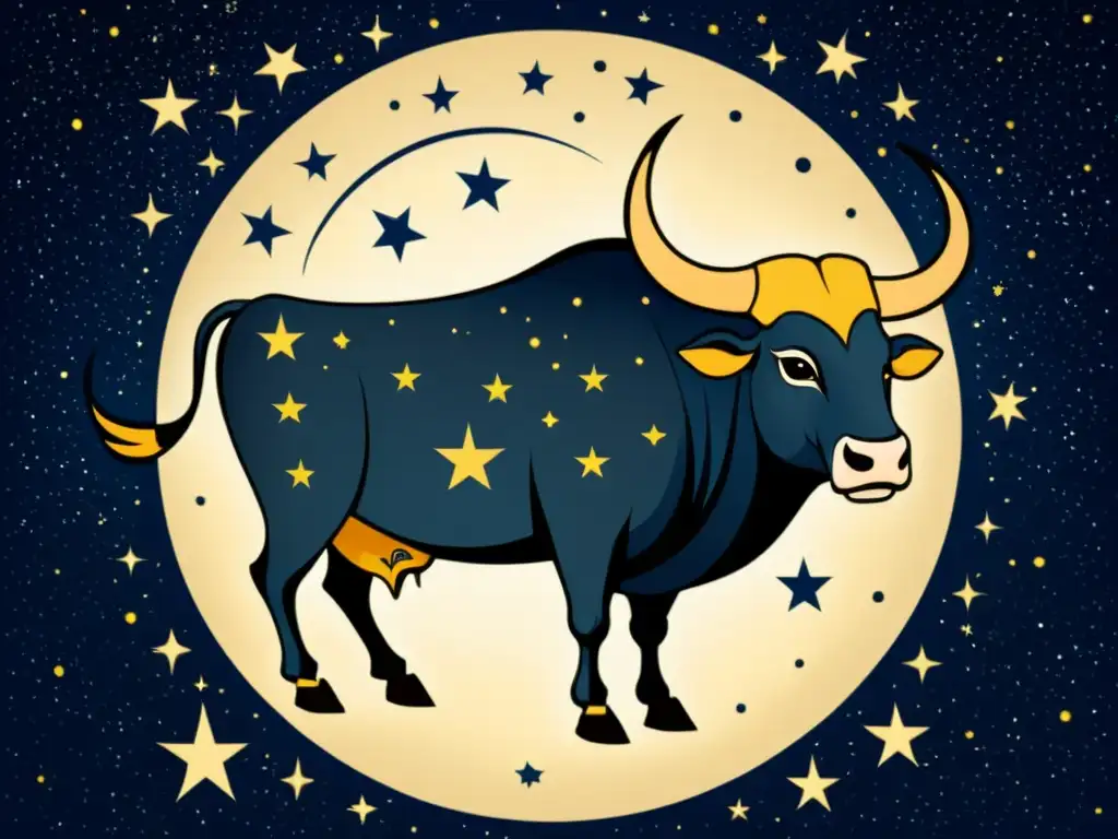 Ilustración detallada de la constelación Taurus, representando la mitología egipcia y cretense con un toro celestial y un cielo estrellado