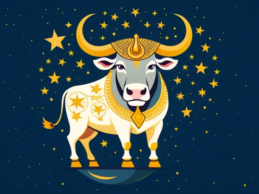 Detallada ilustración vintage de la mitología egipcia y cretense: el toro celestial exhibe elegancia regia bajo un cielo estrellado y templos antiguos