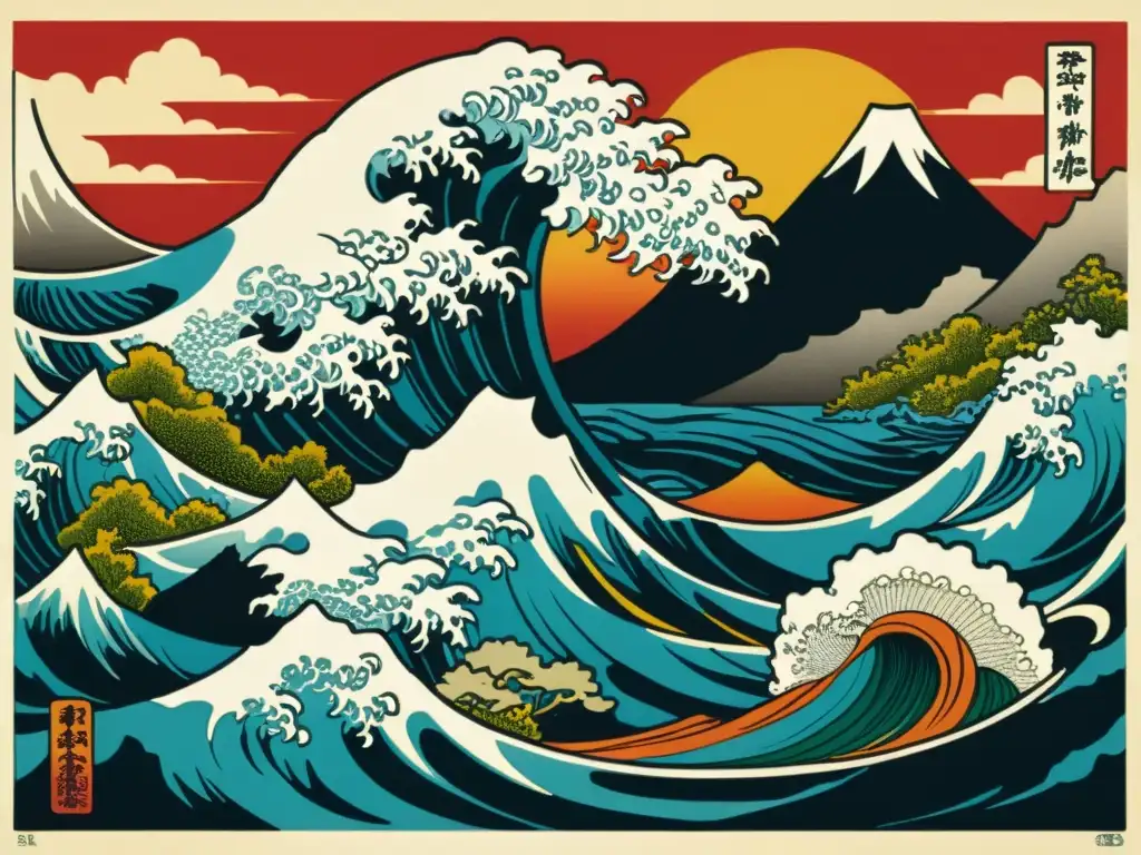 Detallada representación mitológica del Archipiélago Japonés con olas, montañas y criaturas míticas en grabado japonés vintage