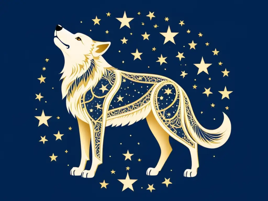 Ilustración detallada de la constelación Lupus, con un patrón de estrellas en oro y plata sobre fondo azul