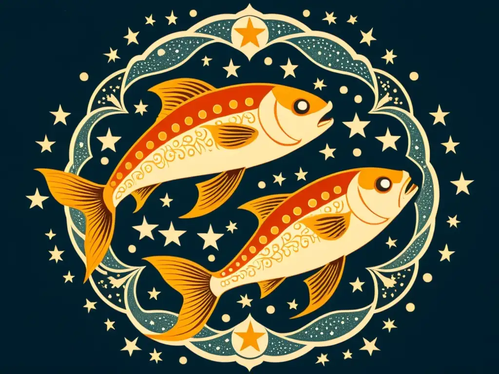 Una ilustración vintage detallada de la constelación de Piscis, con dos peces entrelazados en tonos cálidos y elementos celestiales, evocando la mitología asociada a la constelación Piscis