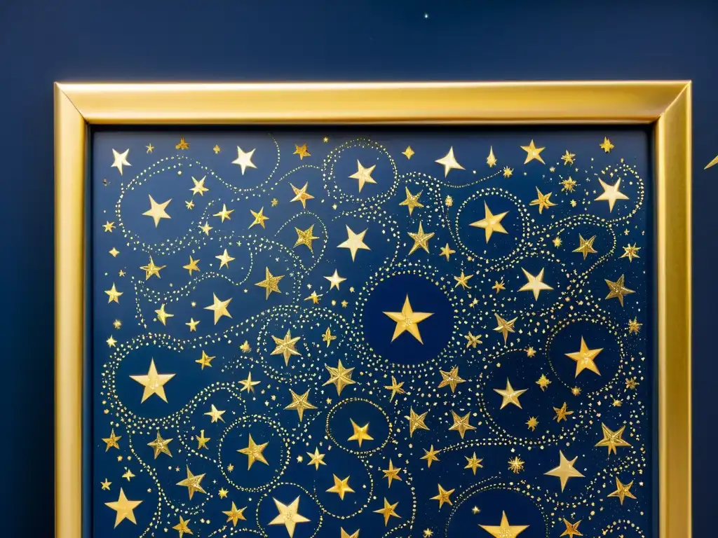 Detallada pintura renacentista de constelaciones en un cielo estrellado, con elegantes detalles dorados enmarcando la obra de arte