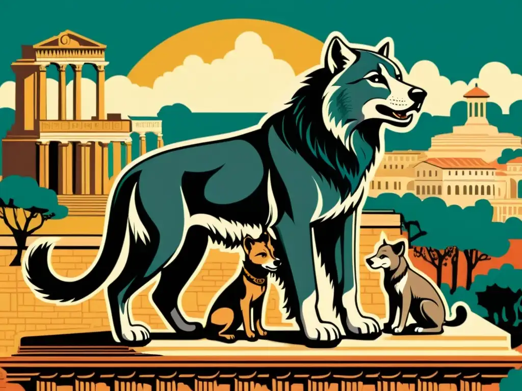 Detallada ilustración vintage de Rómulo y Remo amamantados por la loba, con la antigua ciudad de Roma al fondo