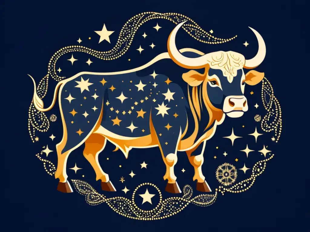 Ilustración detallada en 8k del signo Tauro, con un majestuoso toro entre estrellas brillantes y elementos celestiales