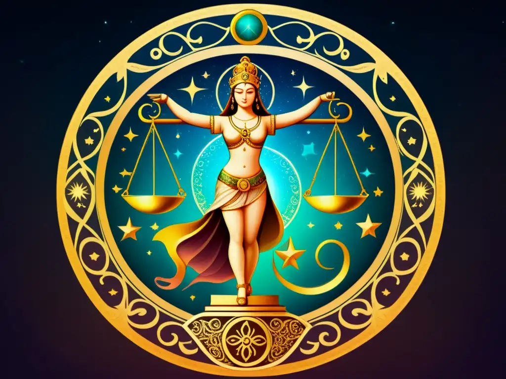 Ilustración detallada del signo zodiacal Libra en estilo vintage, con una balanza sostenida por la figura de la justicia