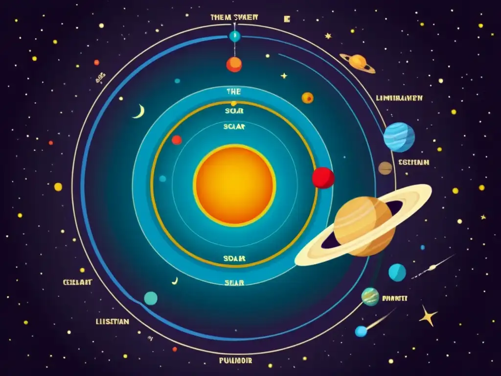 Detallada ilustración vintage del sistema solar, con alineaciones planetarias