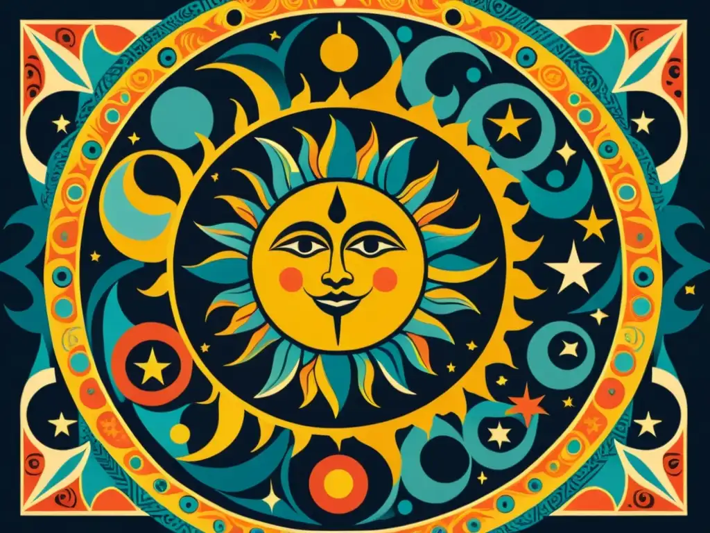 Ilustración vintage detallada del sol y la luna en un baile celestial rodeados de patrones e símbolos indígenas