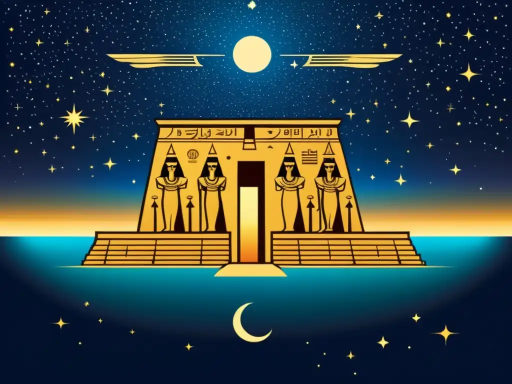 Ilustración detallada del templo egipcio de Isis en Philae, con la constelación de Canis Major y la estrella Sirio