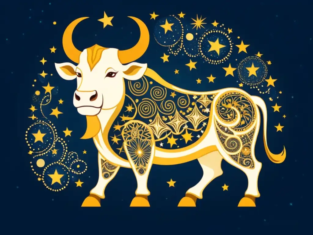 Ilustración detallada de un toro celestial con cuernos dorados, rodeado de energía cósmica y símbolos egipcios y cretenses