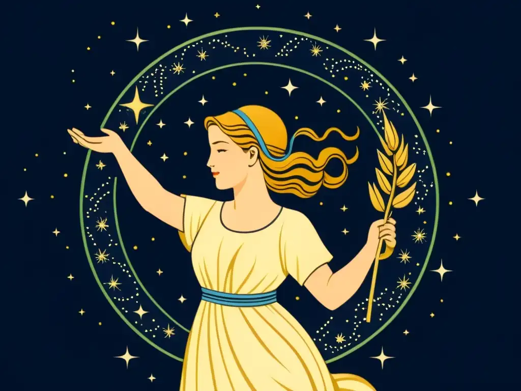 Detallada ilustración vintage de la constelación Virgo en la mitología romana