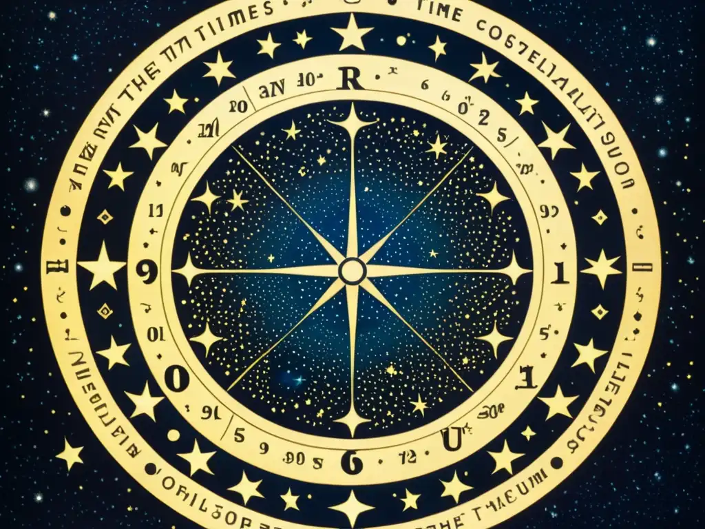 Una ilustración vintage de la constelación Horologium con detalladas representaciones a mano de las estrellas y conexiones formando el reloj celeste