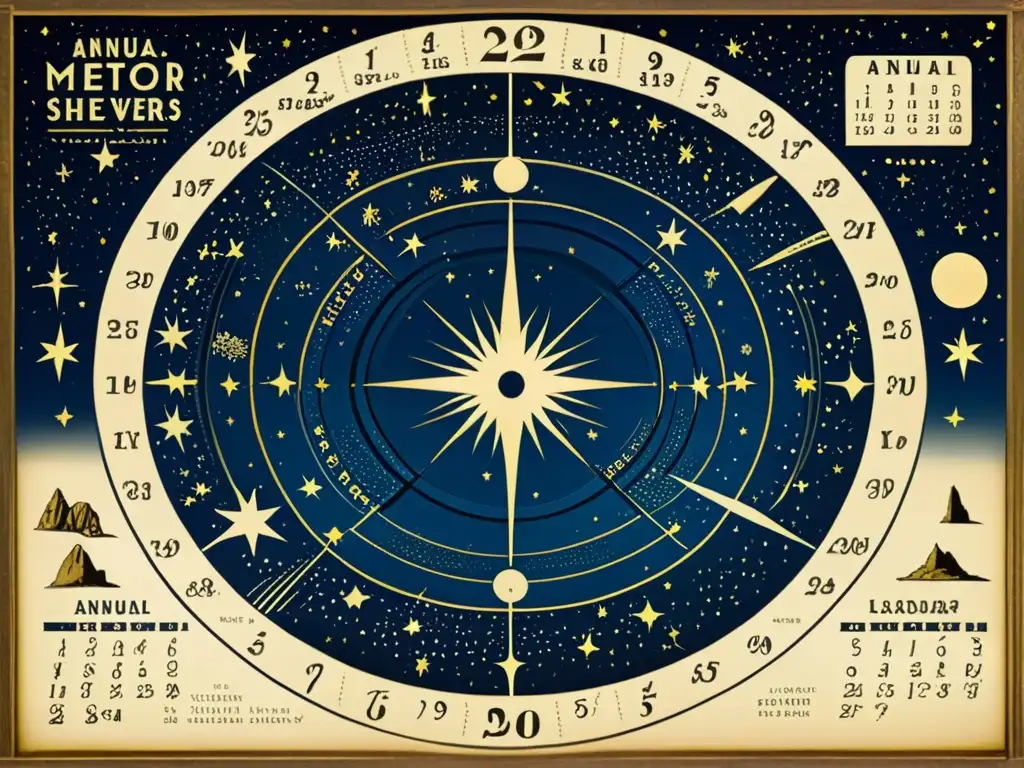 Un detallado calendario de lluvias de meteoros vintage en pergamino, con constelaciones y estrellas fugaces, evocando asombro celestial