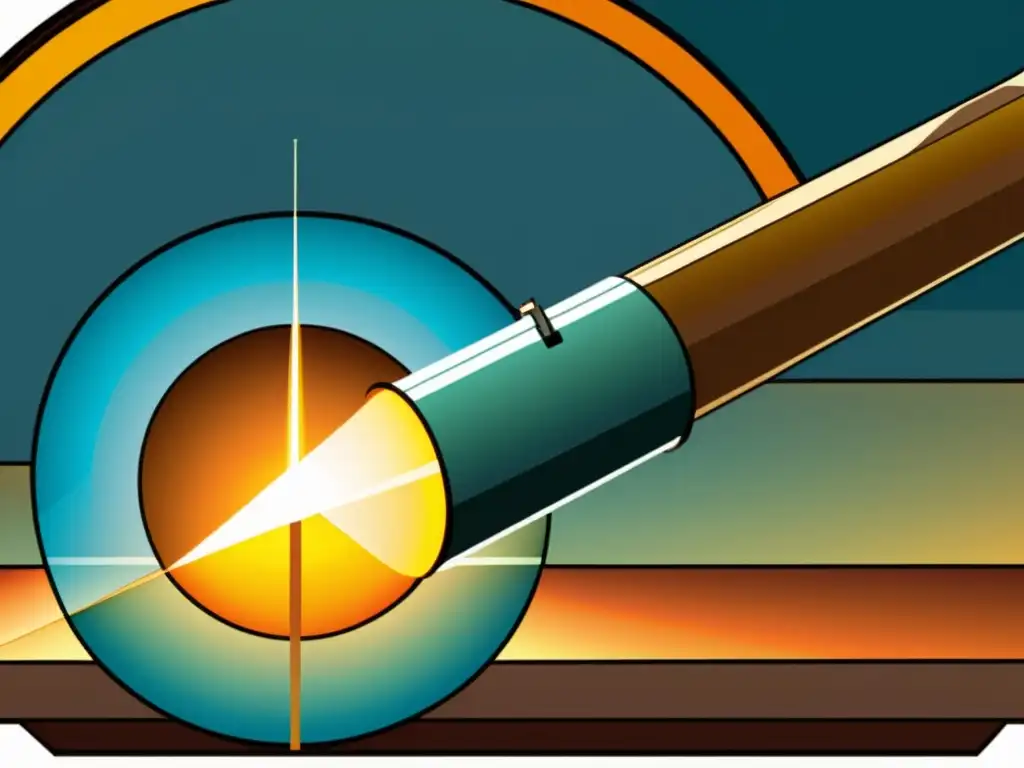 Detallado diagrama de corte de un telescopio refractor vintage, mostrando lentes, prismas y el punto focal