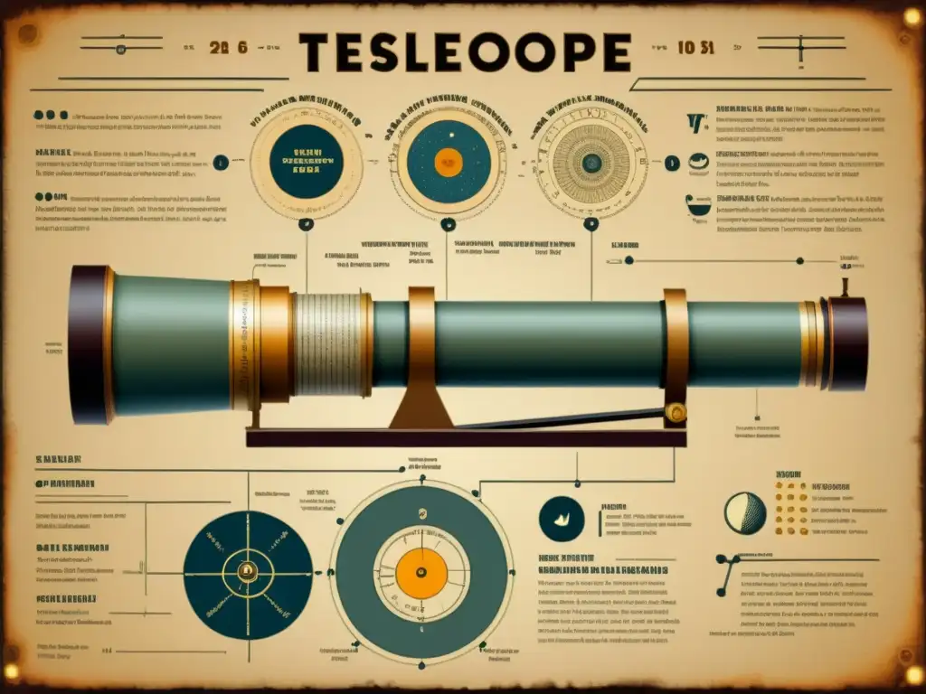 Detallado diagrama vintage de un telescopio con etiquetas y notas explicativas, rodeado de ecuaciones científicas