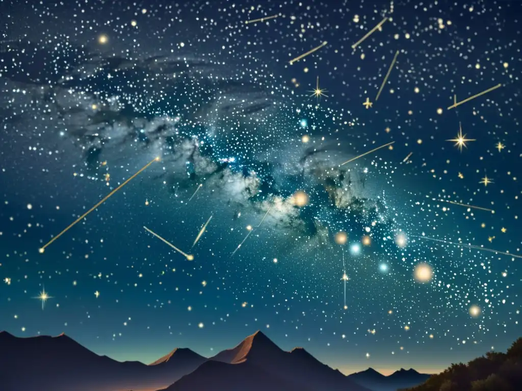 Un detallado dibujo vintage del cielo nocturno con constelaciones y estrellas brillando en el fondo