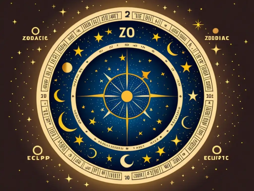 Un detallado dibujo vintage que muestra la posición de las constelaciones del zodiaco en la eclíptica, con un ambiente clásico y tonos terrosos