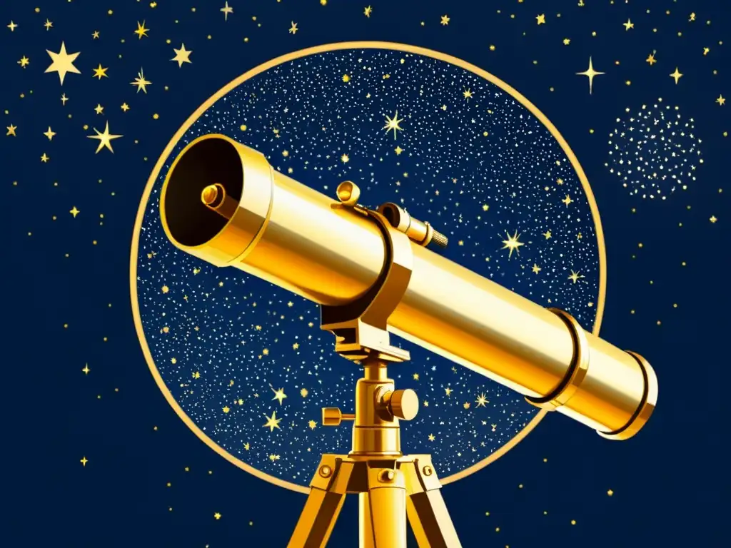 Un detallado dibujo vintage de un telescopio apuntando al cielo nocturno, capturando con precisión las constelaciones y cuerpos celestes