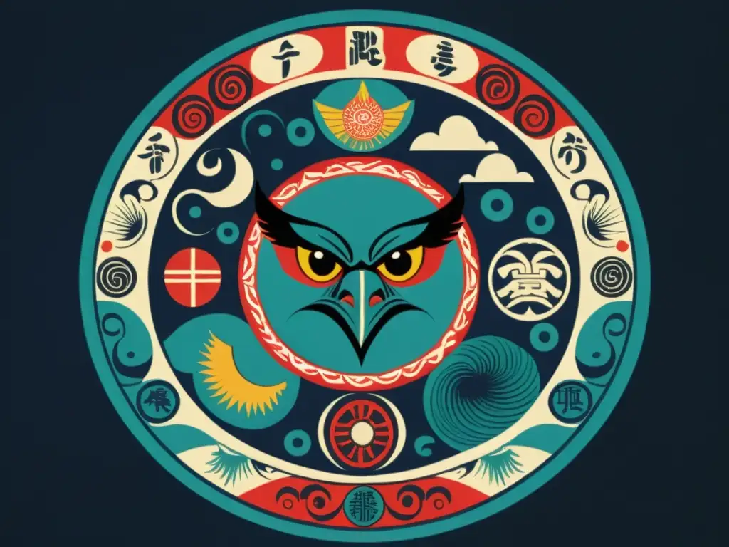 Detallado grabado en madera estilo vintage con criaturas Tengu en formación zodiacal, resaltando el significado Tengu en zodiaco japonés