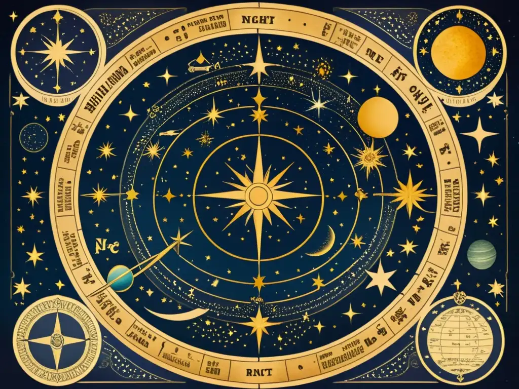 Un detallado mapa celestial digital con ilustraciones de constelaciones, planetas y figuras mitológicas en tonos cálidos y envejecidos