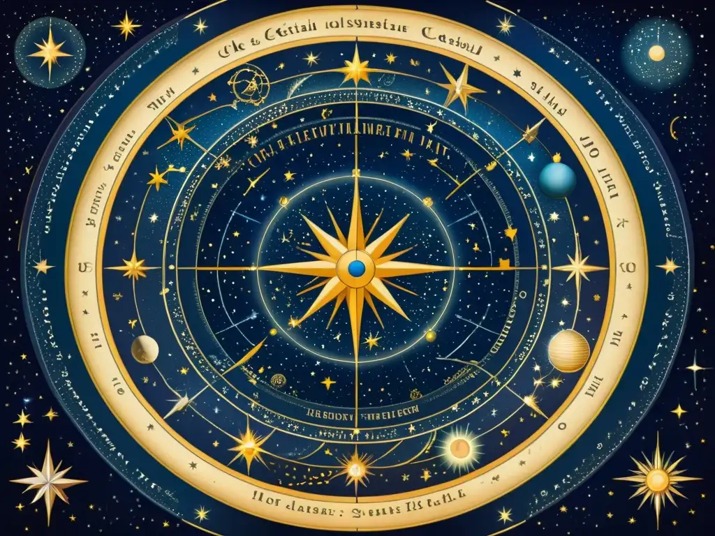 Detallado mapa celestial vintage que muestra los movimientos estacionales de las estrellas, con ilustraciones delicadas y detalles intrincados