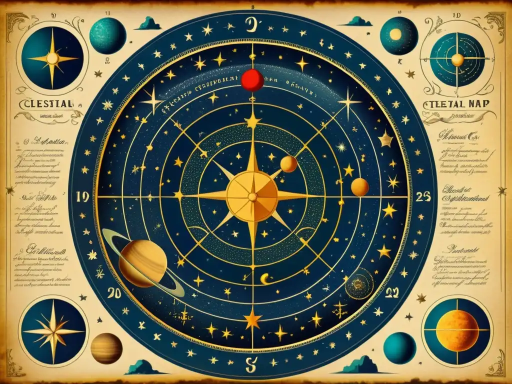 Detallado mapa celestial vintage con constelaciones, estrellas y planetas en una significativa conjunción