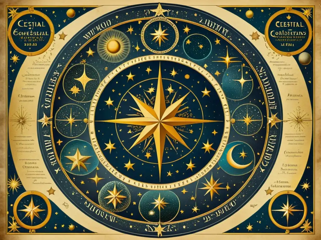 Detallado mapa celestial vintage de 8k con influencia del néctar celestial en estrellas, evocando sabiduría ancestral y misterio histórico