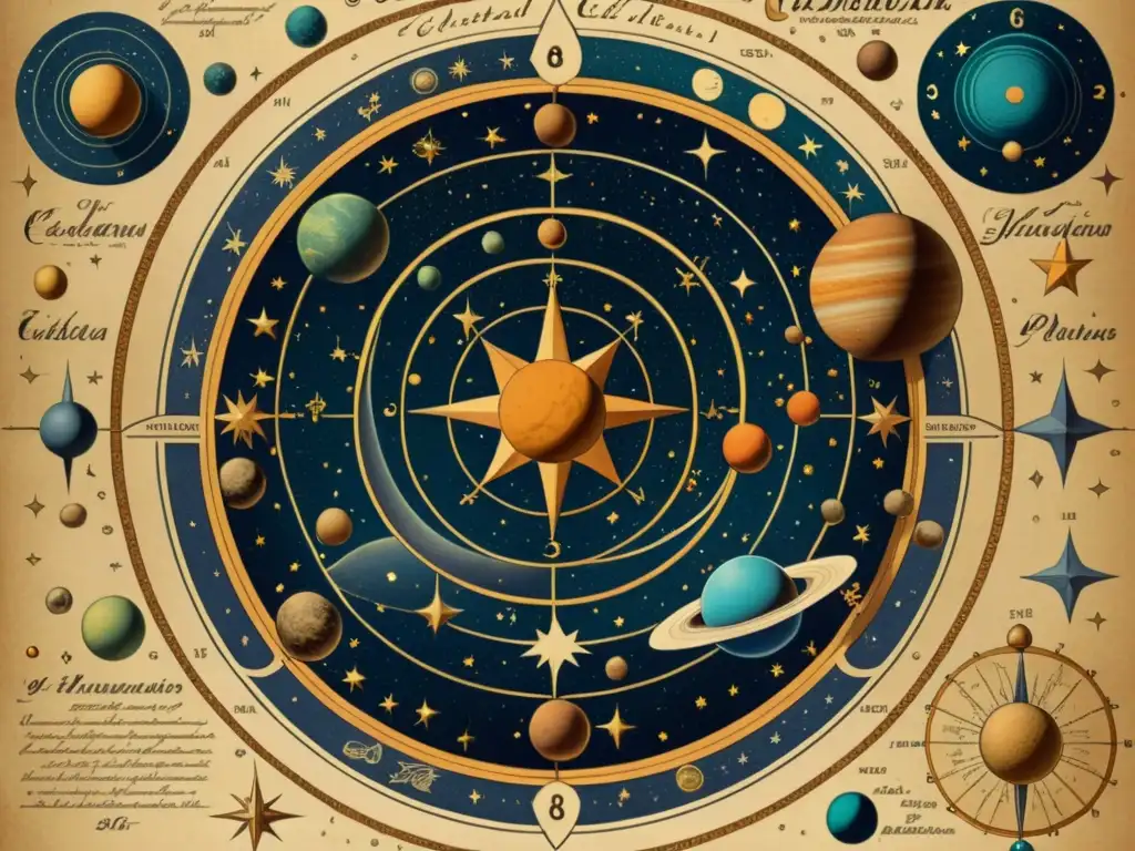 Un detallado mapa celestial vintage en 8k, con movimiento de planetas, constelaciones y estrellas, en tonos terrosos y caligrafía delicada