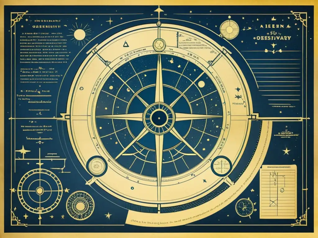 Detallado plano vintage para observatorio personal, con diseño meticuloso y símbolos astronómicos