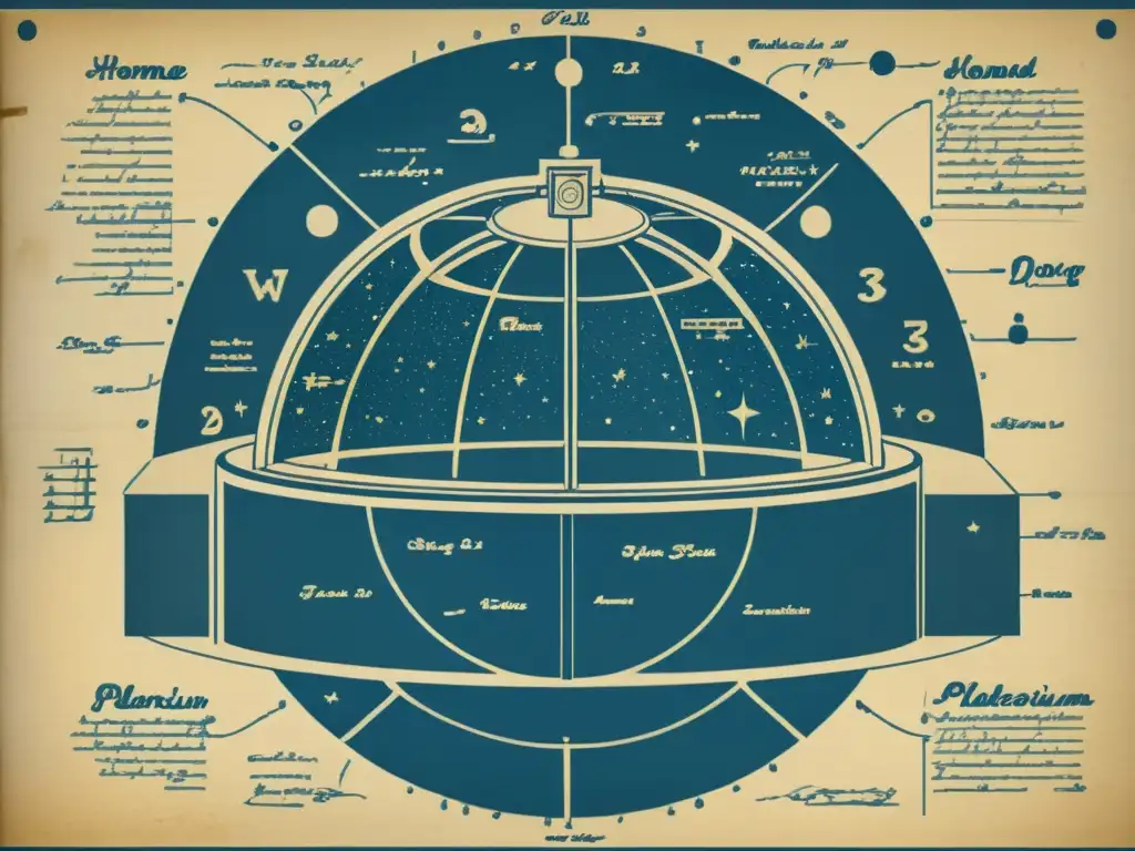 Planisferio casero: detallado y nostálgico Un detallado plano vintage de un planetario casero, con ilustraciones a mano de la construcción paso a paso, tonos sepia y notas escritas a mano, evocando historia y artesanía