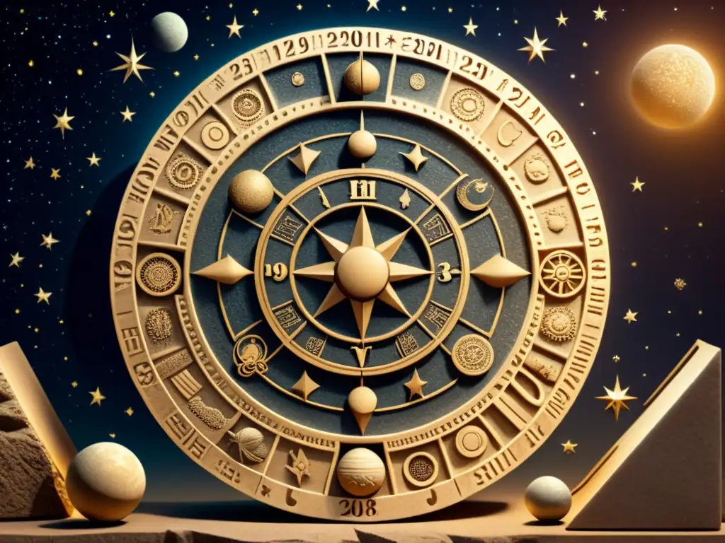 Detalle de un antiguo calendario celestial tallado en piedra, rodeado de herramientas astronómicas y símbolos antiguos