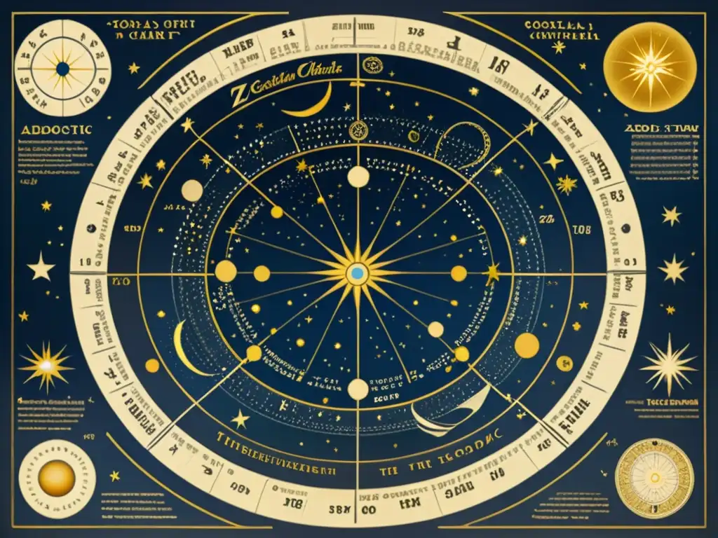 Detalle de antiguo gráfico de constelaciones zodiacales con ilustraciones celestiales y precesión equinoccial en constelaciones