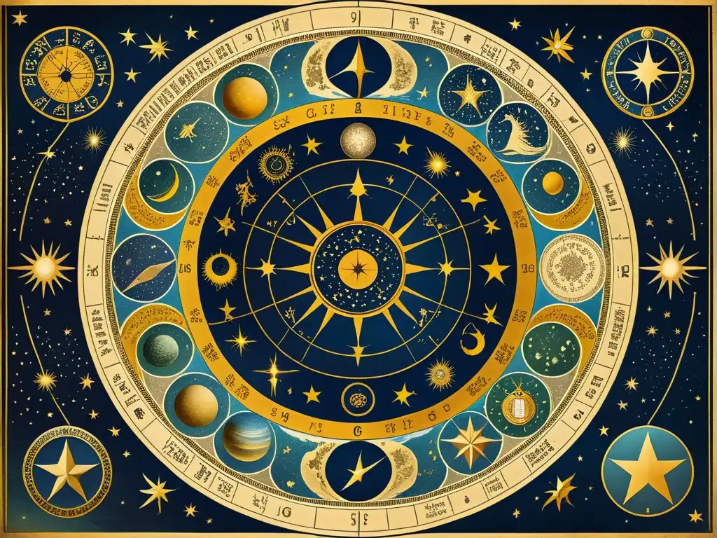 Detalle de un antiguo mapa celeste con signos del zodíaco, constelaciones, ilustraciones de criaturas míticas y deidades celestiales